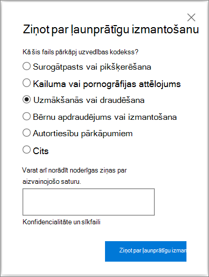 Ekrānuzņēmums, kurā redzams dialoglodziņš Ziņošana par pārkāpumu pakalpojumā OneDrive