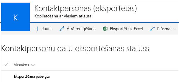 SharePoint saraksts ar ieraksta nosaukumu Eksportēšana pabeigta