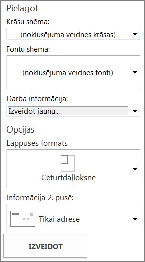 Pastkaršu veidņu opcijas programmas Publisher iebūvētajām veidnēm.