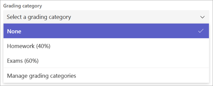 screenshot of the grading category dropdown in assignment creation