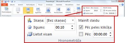 Cilnes Pārejas grupa Hronometrāža programmas PowerPoint 2010 lentē