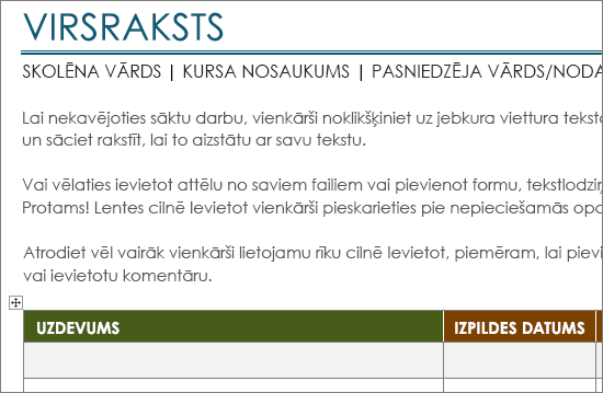 Jauna projekta uzdevumu saraksta veidne ar minimālo fonta lielumu 11 punkti.