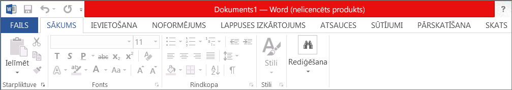 Rāda Nelicencēts produkts sarkanajā virsraksta joslā, atspējotajā interfeisā un ziņojumu reklāmkarogā