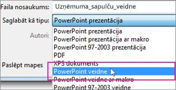 Saglabāšana PowerPoint veidnes formātā