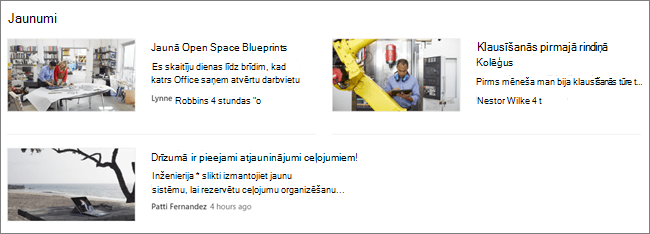 Jaunumu vietnes tīmekļa daļas ekrāna SharePoint, kur ziņas ir filtrētas