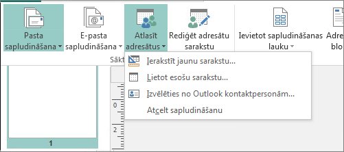Cilnes Sūtījumi pogas Atlasīt adresātus opcijas