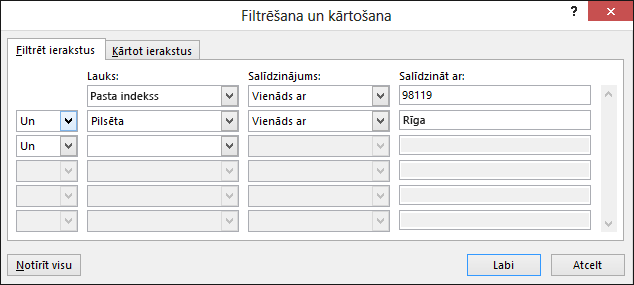 Word pasta sapludināšanas laikā izvēlieties Rediģēt adresātu sarakstu un sadaļā Precizēt adresātu sarakstu izvēlieties Filtrēt.