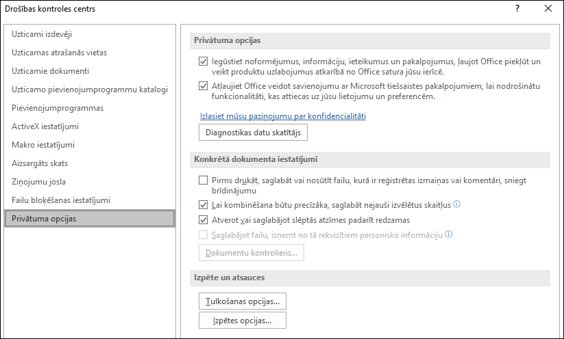 Office drošības kontroles centra privātuma opcijas