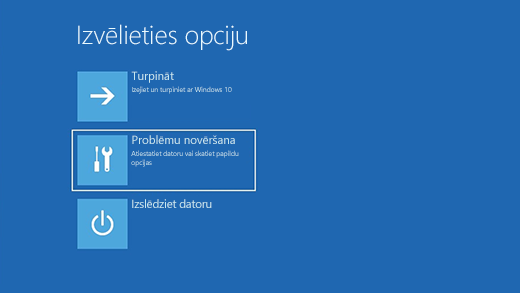 Izvēlēties papildu opciju ekrānu Windows atkopšanas vidē.