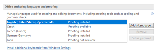 Sadaļā Office autorēšanas valodas un korektūras