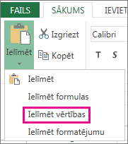 Excel Web App komanda Ielīmēt, kurā redzama opcija Ielīmēt vērtības