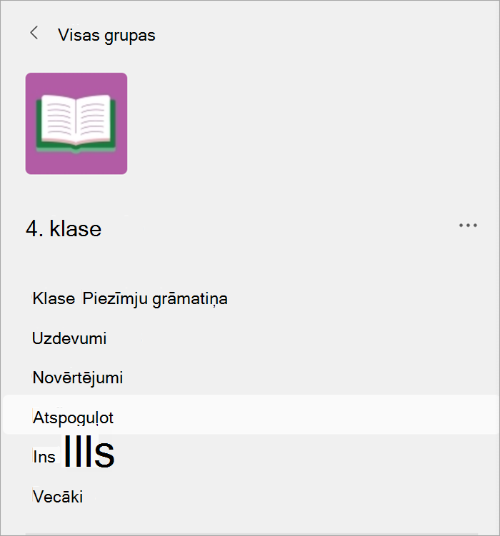 kursors, kas novietots virs atspoguļošanas cilnes, kas atrodas ar uzdevumiem, atzīmēm un ieskatiem klases grupā