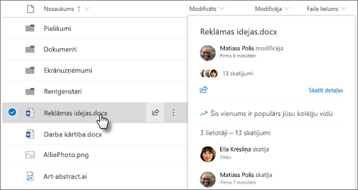 Ekrānuzņēmums ar faila norādīšanas karti, kas tiek parādīta, kad norādāt uz failu pakalpojumā OneDrive vai SharePoint