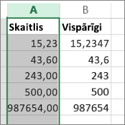 piemērs tam, kā skaitļi tiek parādīti dažādos formātos, piemēram, Skaitlis un Vispārīgs.