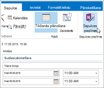 OneNote pogas Sapulces piezīmes programmā Outlook ekrānuzņēmums.