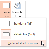 Izvēlnes opcija Pielāgoti slaida izmēri