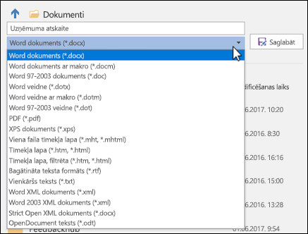 Lai atlasītu citu dokumenta faila formātu, nolaižamajā sarakstā noklikšķiniet uz faila tipa.