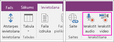 Izvēlnes Ievietot ar AV pogām programmā OneNote 2016 ekrānuzņēmums.