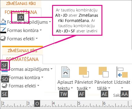 Jaunie īsinājumtaustiņi, kuros izmantoti divi burti, atver cilni Zīmēšanas rīki.