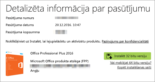 Tiek parādīta poga Instalēt sadaļā Detalizēta informācija par pasūtījumu programmā Home Use Program