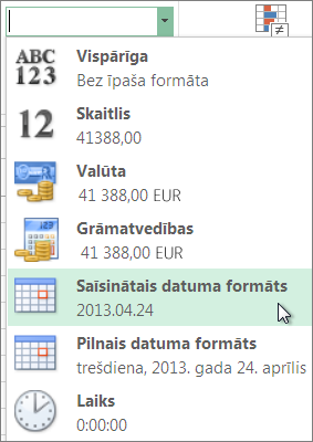 Īsā datuma formāta komanda skaitļu formāta galerijā