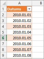 Datumu kolonna pievienojumprogrammā Power Pivot