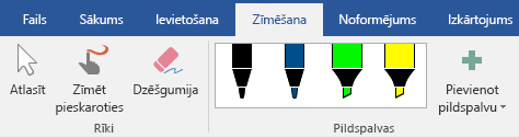 Pildspalvas un marķieri Office 2019 cilnē Zīmēšana