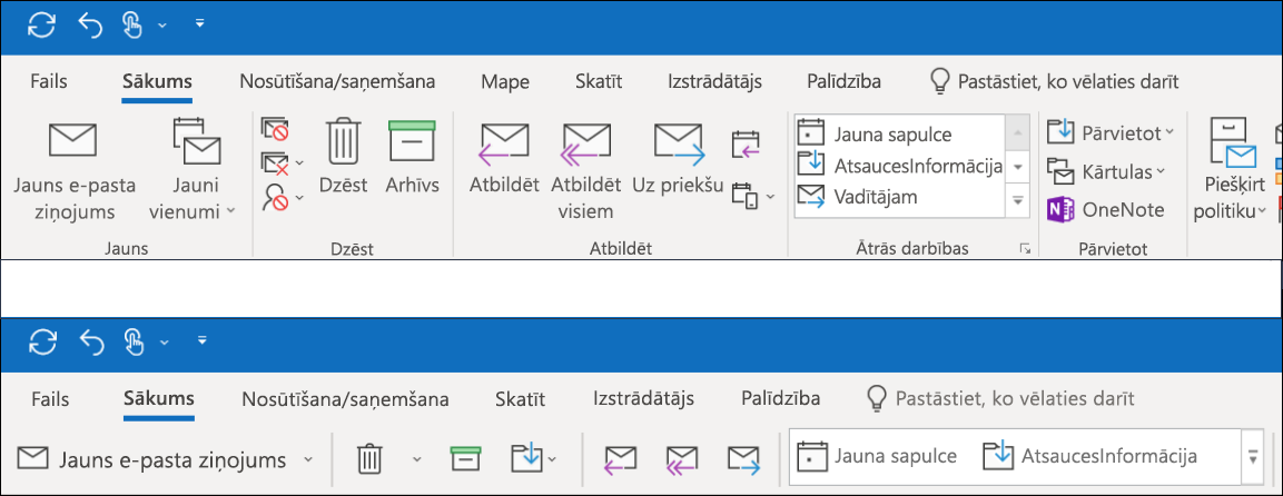 Tagad varat izvēlēties kādu no divām dažādām lentes iespējām programmā Outlook.