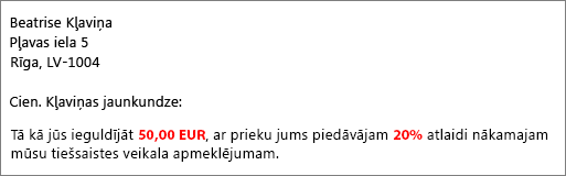 Pasta sapludināšanas rezultātu dokumentā rakstīts “jūsu ieguldījums $50,00 apmērā” un “piedāvā jums 20% atlaidi”.