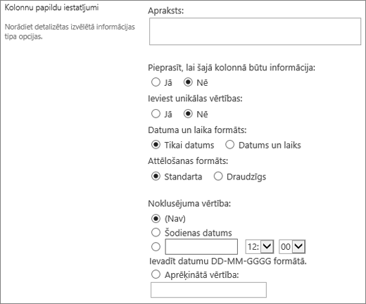 Choices for the date time column