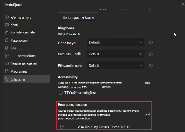 Attēls, kurā redzams4 iestatījumu ekrāns vārdā Teams ar sarkanu ārkārtas atrašanās vietas adresi lejasdaļā.