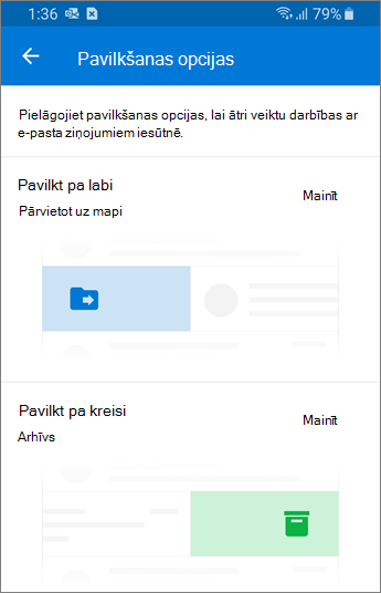 Pavilkšanas opciju iestatīšana programmā Outlook Mobile