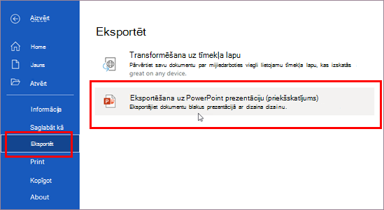 Eksportēšana uz prezentāciju