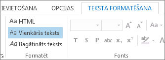 Ziņojuma formāta opcijas cilnē Teksta formatēšana