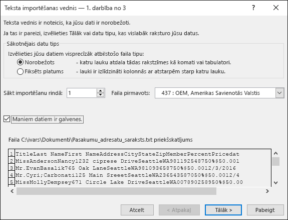 Ārēju datu iegūšana no teksta programmā Excel, teksta importēšanas vednis, 1. darbība no 3