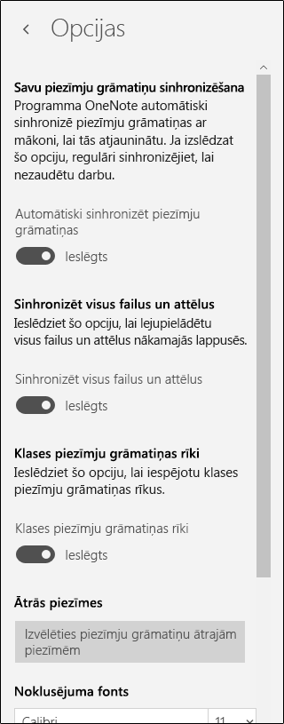 Klases piezīmju grāmatiņas rīku opcijas