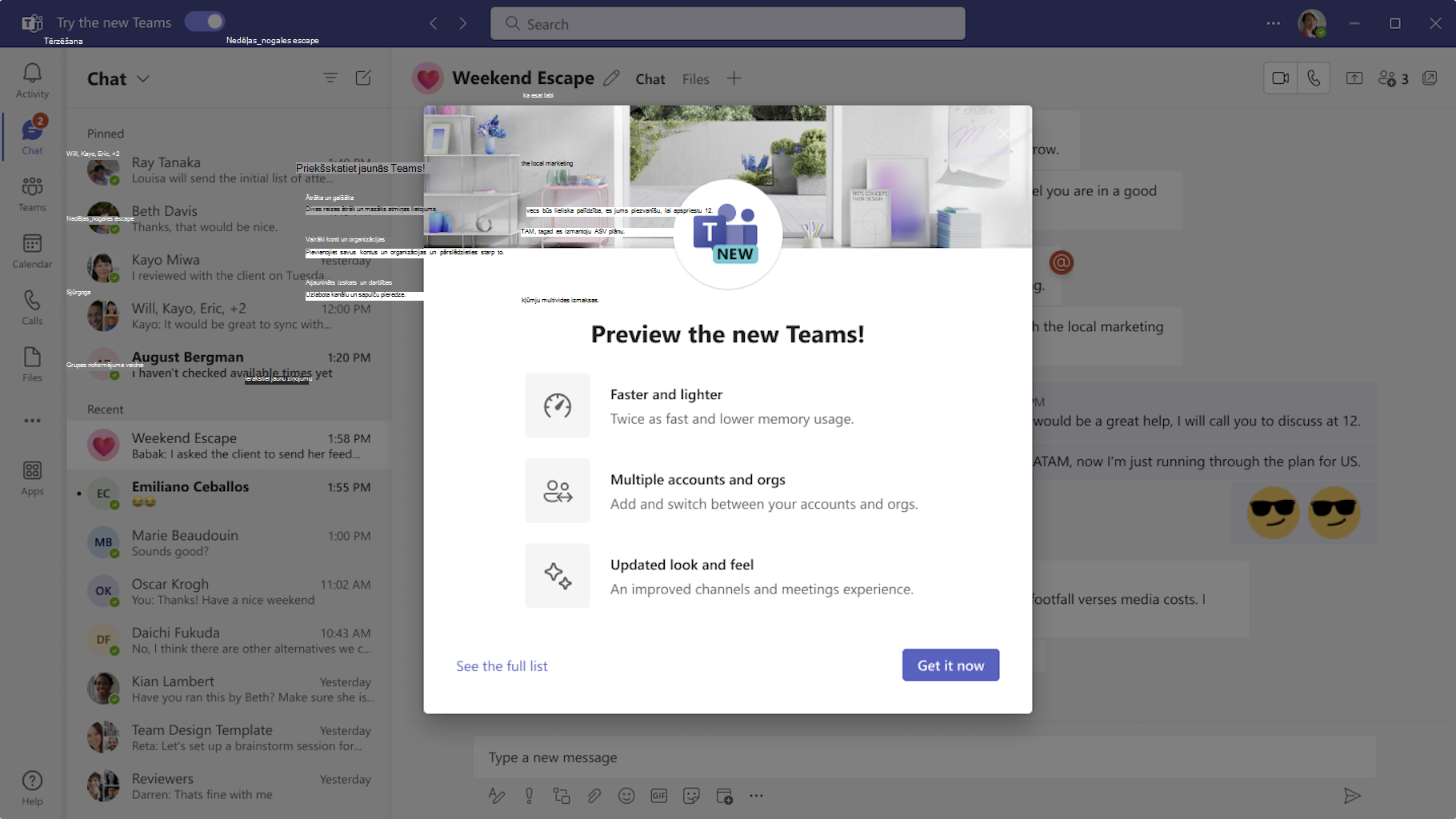 Jaunās Teams modālās darbības priekšskatšana