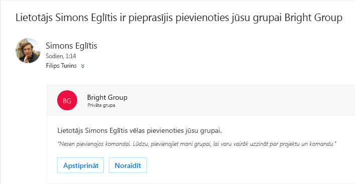 Lietotājs var atklāt grupu un, iespējams, vēlēsies tai pievienoties. Ja grupa ir privāta, īpašnieks saņem e-pasta ziņojumu ar pieprasījumu. Īpašnieks var apstiprināt vai noraidīt pieprasījumu.