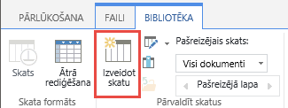 SharePoint bibliotēkas poga Izveidot skatu lentē.