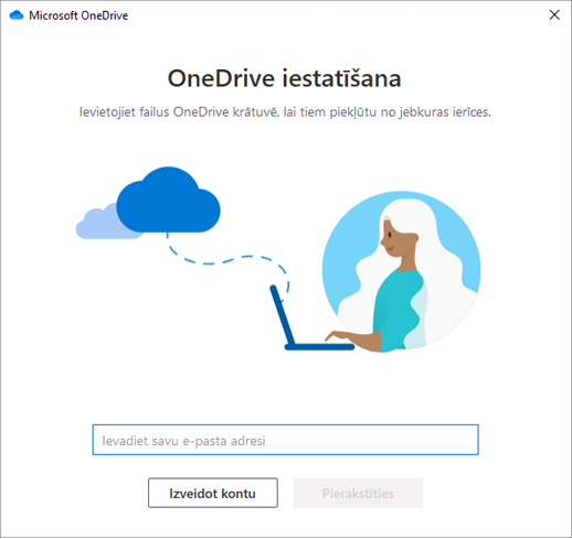 Ekrānuzņēmums ar OneDrive iestatīšanas pirmo ekrānu