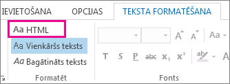 HTML formāta opcija ziņojuma cilnē Teksta formatēšana