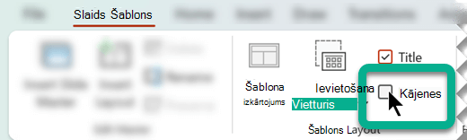 Cilnes Slaidu šablons grupā Šablona izkārtojums atlasiet lodziņu Kājenes.