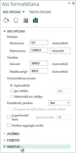 Opcija Skaitlis rūtī Ass formatēšana