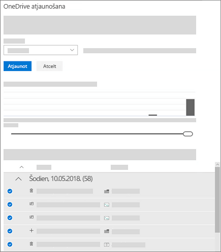 Ekrānuzņēmums, kurā redzama darbību diagrammas un darbību plūsmas izmantošana, lai OneDrive atjaunošanas rīkā izvēlētos darbības