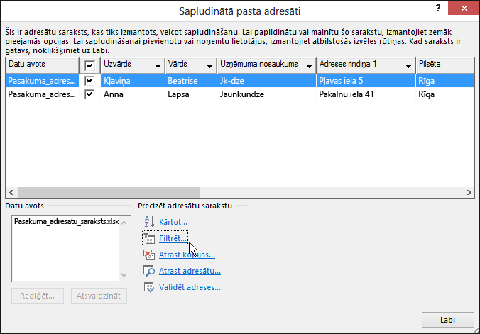 Word pasta sapludināšanas procesā tiek parādīti adresātu sarakstam lietotā filtra rezultāti.