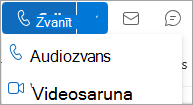 Ekrānuzņēmums ar nolaižamo izvēlni Zvanīt Outlook kontaktpersonas vizītkartē