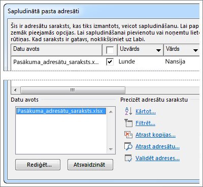 Pasta sapludināšanas adresātu saraksta opcijas