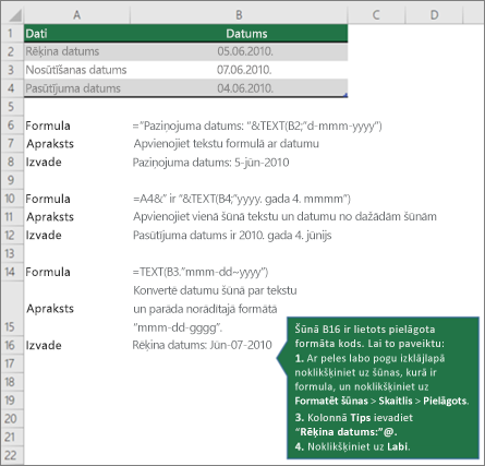 Piemēri, lai parādītu, kā formulas var apvienot tekstu ar datuma un laika vērtībām