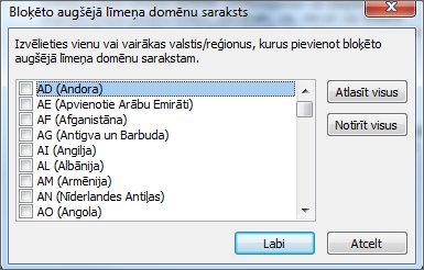 Dialoglodziņā Bloķēto augšējā līmeņa domēnu saraksts