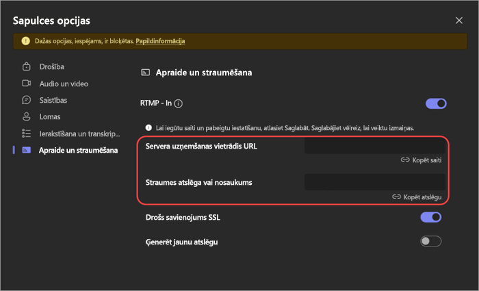 Ekrānuzņēmums, kurā redzami RTMP-In iestatījumi sapulces opcijās.